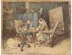 Watercolor Gallelli indoor scene chess players barzoï dog paintings twentieth