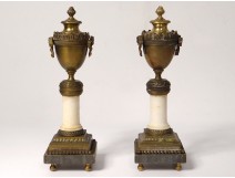 Pair cassolettes candlesticks Louis XVI bronze marble knots nineteenth columns