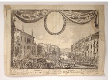 Engraving Venice Regatta King Denmark Foscari Palace Luca Carlevaris Eighteenth