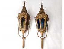 Pair of golden brass procession lanterns gothic decor cross nineteenth century