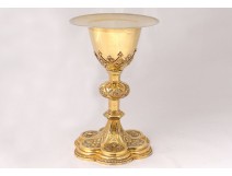 Chalice paten silver vermeillé Minerve Paul Brunet cross flowers chalice 19th