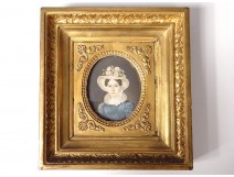 Miniature painted portrait young woman hat golden frame restoration nineteenth