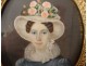 Miniature painted portrait young woman hat golden frame restoration nineteenth