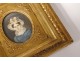 Miniature painted portrait young woman hat golden frame restoration nineteenth