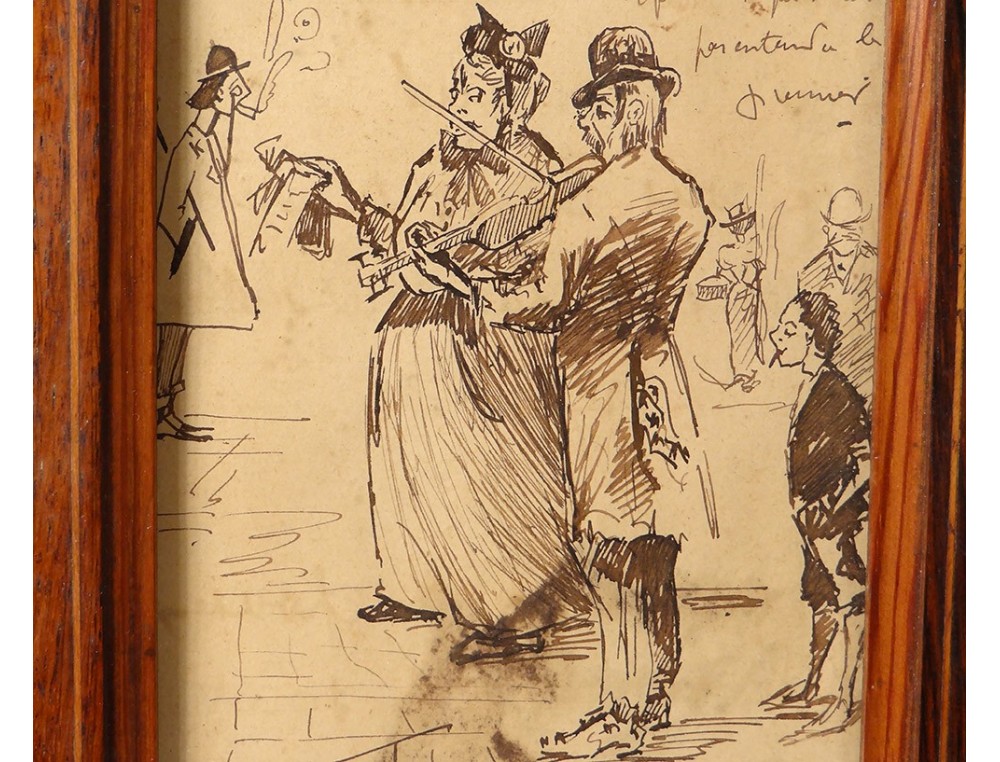 Petit Dessin Encre Personnages Musicien Violon Humour Chanteuse Paris 1906