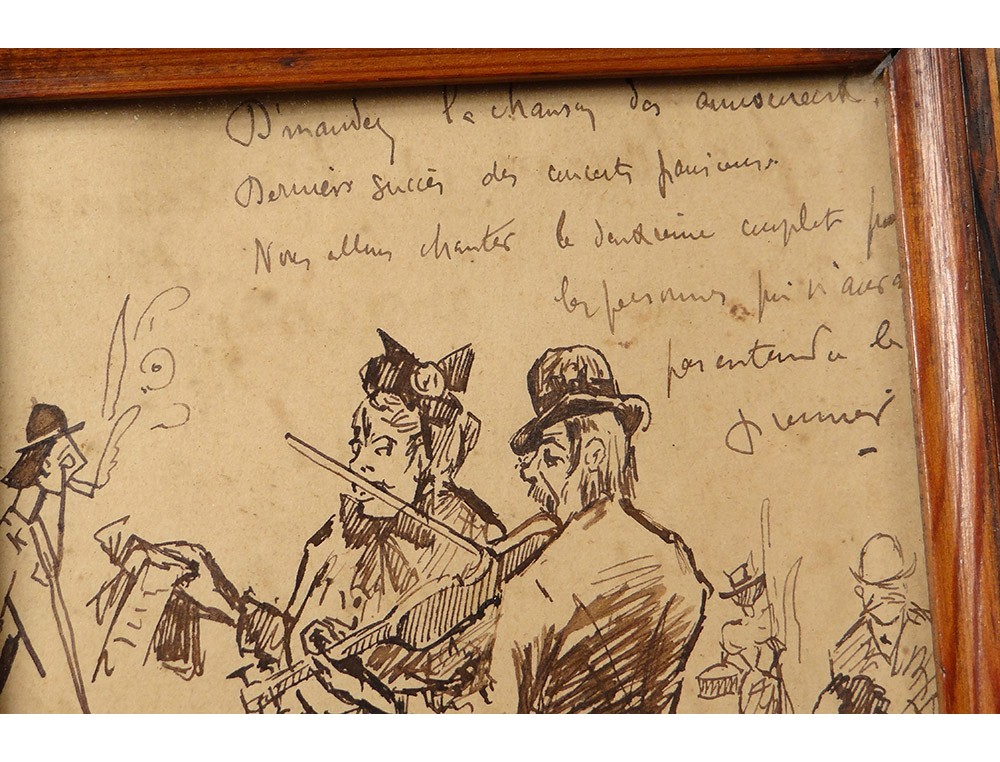 Petit Dessin Encre Personnages Musicien Violon Humour Chanteuse Paris 1906