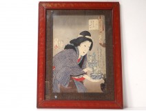 Japanese print Ukiyo-e woman oiran Bonsai cherry signed 19th century