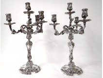 Pair candelabra candlesticks 4 lights Louis XV bronze silver flowers nineteenth