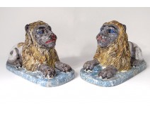 Pair sculptures large lions coated faience Luneville polychrome eighteenth