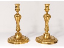 Pair candlesticks Louis XV gilded bronze flowers candlesticks eighteenth