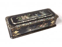 Glove box painted wood nacre birds flowers landscape Napoleon III nineteenth