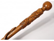 Cane of hairy carved wood snake cross Lorraine Memo Folk Art XXth