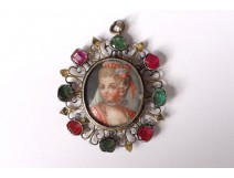 Portrait miniature pendant Marie Antoinette silver emerald ruby eighteenth