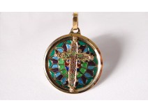 Medallion pendant cross 18K gold enamel pique to date stained glass rosette XXème