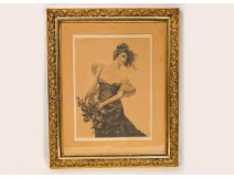 Portrait Drawing Woman with Roses Belle Epoque 19th