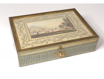 Painted wood box engraving English landscape bronze son gold foliage nineteenth