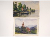 2 watercolor drawings church Cordon Haute-Savoie river barque clipet twentieth