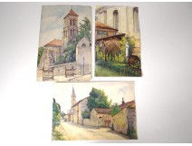 2 watercolor drawings church Cordon Haute-Savoie river barque clipet twentieth