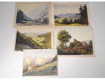 2 watercolor drawings church Cordon Haute-Savoie river barque clipet twentieth