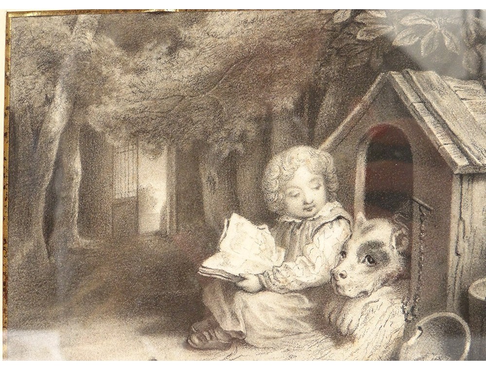 Dessin Jeune Enfant Lecture Chien Niche Cadre Doré