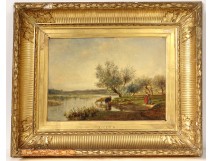 HST painting Galletti landscape woman guardian flock cows pond nineteenth