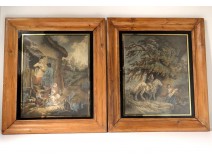 Pair gouaches characters tavern children storm rider landscapes nineteenth