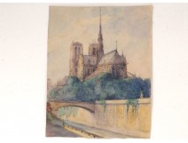 Watercolor drawing Notre-Dame cathedral of Paris Island Gothic city bridge twentieth