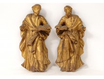 Pair sculptures Evangelists Saints Bible carved wood gilded eighteenth century