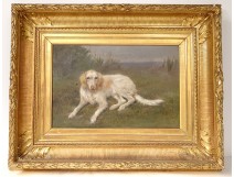 HST animal painting Nathalie Micas dog hunting spaniel golden frame nineteenth