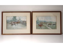 Watercolor pair Crafty Victor Geruzez horse racing jockey horses 19th