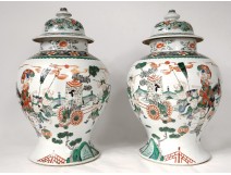 Pair Large China Enamel Pottery Green Family Kangxi XVIIIth Character