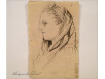 Charcoal portrait drawing young woman in scarf 19th