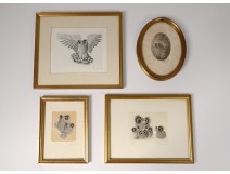 4 engravings prints Alain Jeanne Owls hulottes twentieth century