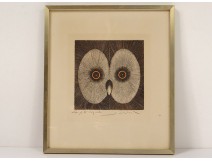 Original lithograph engraving Jean-Pierre Orinel tawny owl twentieth