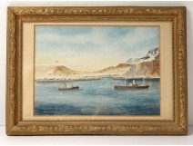 Watercolor landscape Iceland boats Vestmann islands Vestmannaeyjar volcano twentieth