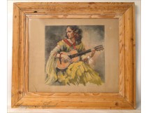 Etching &quot;The Gypsy with a Guitar&quot; Van Caulaert 20th