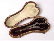 Pair scissors sewing sterling silver foliage leather case gilded nineteenth iron