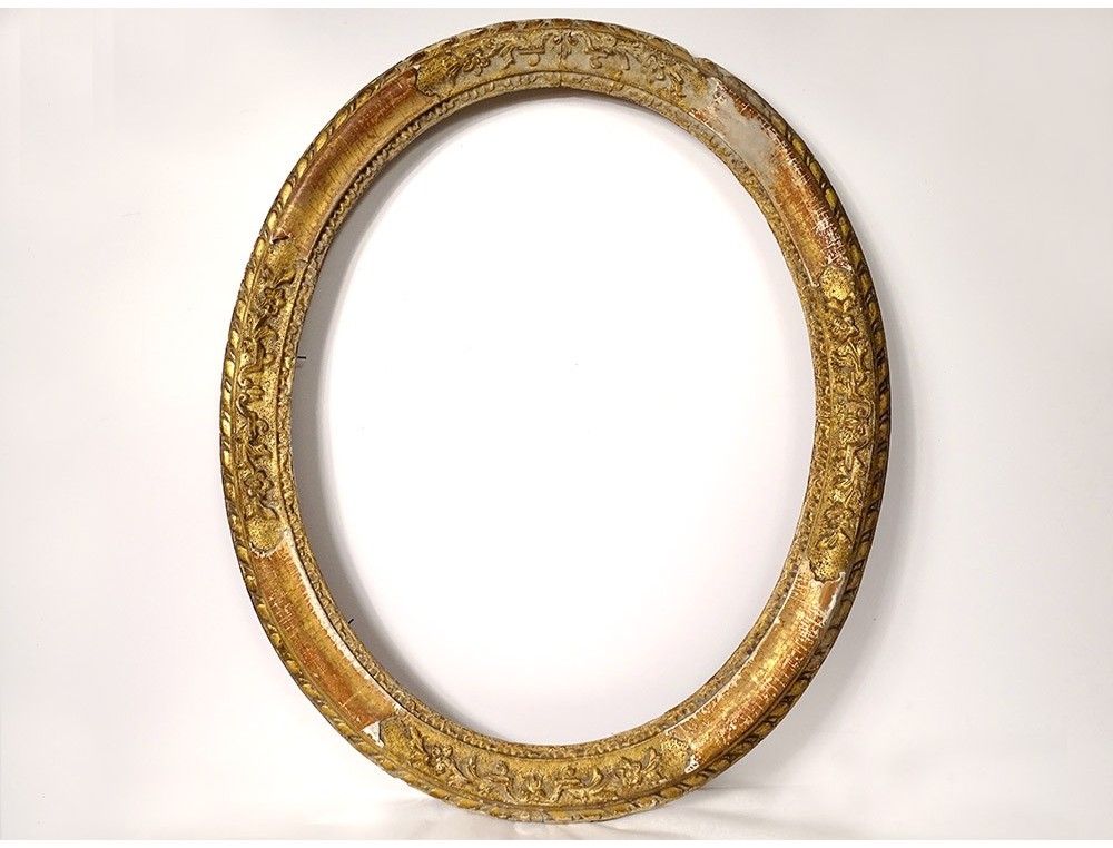 Antiguo espejo ovalado dorado flores · Ancien cadre oval doré