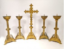 Tapered candlestick altarpiece crucifix neo-gothic gilt bronze 19th dragons