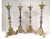 4 candlesticks altar silver bronze cherubs shells church XIXth century