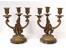 Pair candelabra 3 lights gilt bronze marble clogs Napoleon III XIXth century