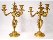 Pair of candelabra 3 lights Louis XV Rococo gilt bronze Napoleon III XIXth