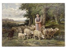 HST table Céramano shepherdess flock sheep landscape Barbizon School XIXth