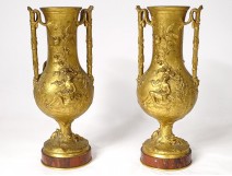 Pair of gilt bronze vases F. Barbedienne musician shepherdess lizard marble XIXth