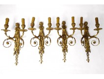 Series 4 sconces 2 lights gilt bronze Amours trumpet from ap. Jean Hauré XIXth