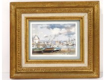 Pastel painting boats port Brittany Morbihan Philippe Girardot 20th century