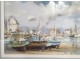 Pastel painting boats port Brittany Morbihan Philippe Girardot 20th century