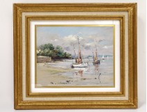 Pastel painting boats port Brittany Morbihan Philippe Girardot 20th century