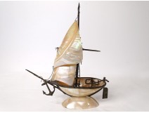 Large mother-of-pearl brass boat sailboat Popular Art XIXth century