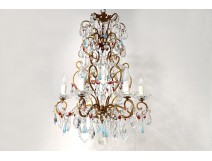 Chandelier 6 lights gilded bronze crystal color tassels pearls XIXth century